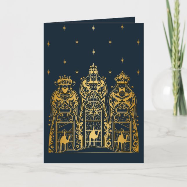 Navy and Gold Three Wise Men Holiday Card (Front)