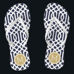 Navy and Gold Trellis Monogram Thongs<br><div class="desc">Custom printed flip flop sandals with a stylish modern trellis pattern and your custom monogram or other text in a circle frame. Click Customise It to change text fonts and colours or add your own images to create a unique one of a kind design!</div>