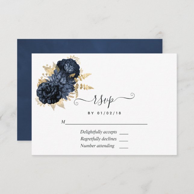 Navy and Gold Vintage Shabby Roses RSVP Card (Front/Back)