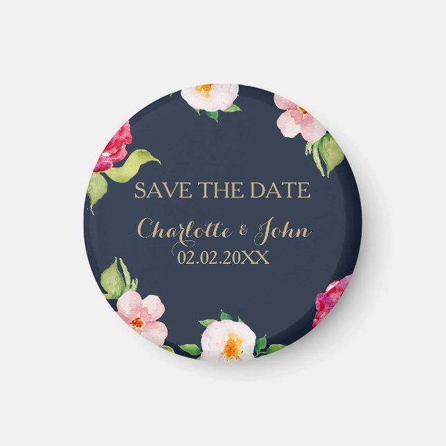 navy and gold watercolor flowers wedding magnet (Front)