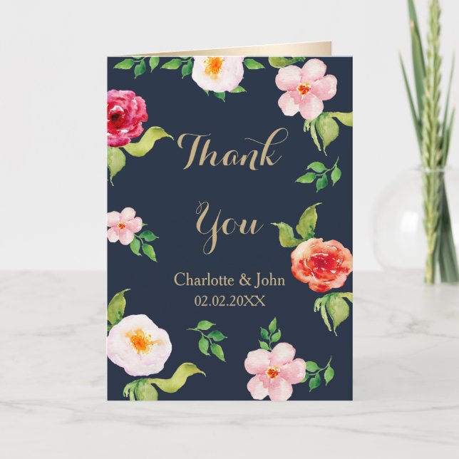 navy and gold watercolor flowers wedding thank you card (Front)