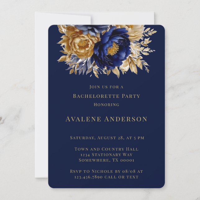 Navy and Gold Watercolor Peony Bachelorette Party Invitation (Front)