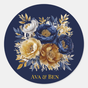 Navy And Gold Watercolor Peony Bouquet Wedding Classic Round Sticker
