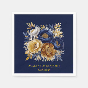 Navy And Gold Watercolor Peony Bouquet Wedding Napkin
