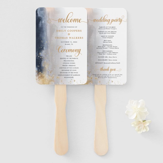 Navy and Gold Wedding Ceremony Program Hand Fan (Front and Back)