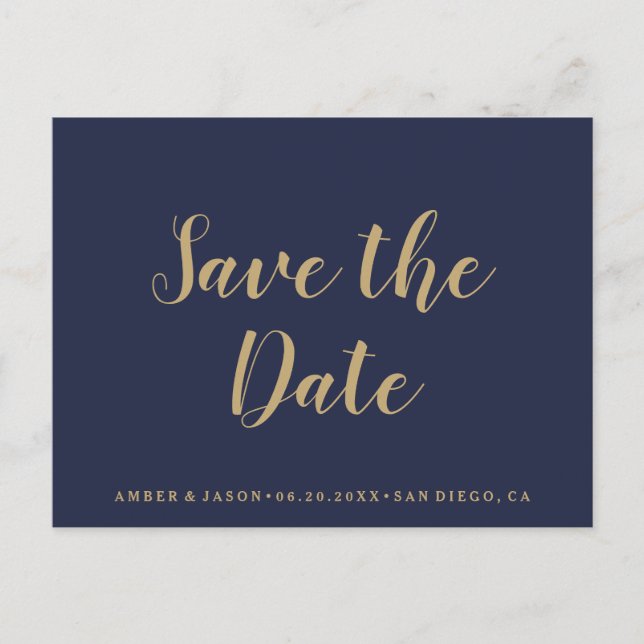 Navy and Gold Wedding Save the Date Announcement Postcard (Front)