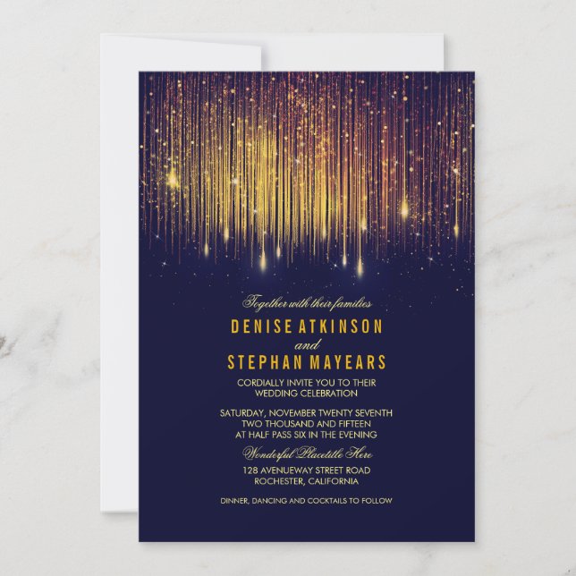 Navy and Gold Wedding String Lights Invite (Front)
