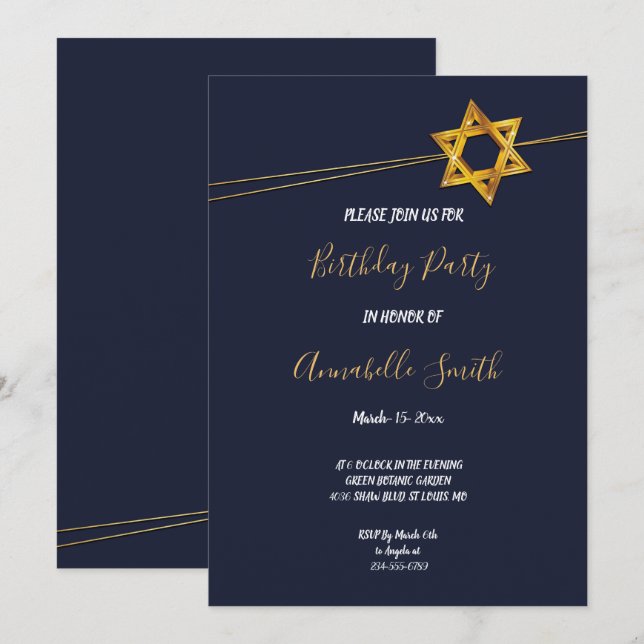 Navy and Golden Star of David Birthday Party Invitation (Front/Back)