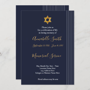 Navy and Golden Star of David   Loving Memory Invitation