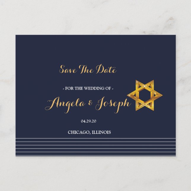 Navy and Golden Star of David Save the Date Postcard (Front)