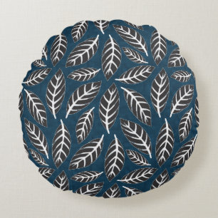 Navy and gray abstract foliage round cushion