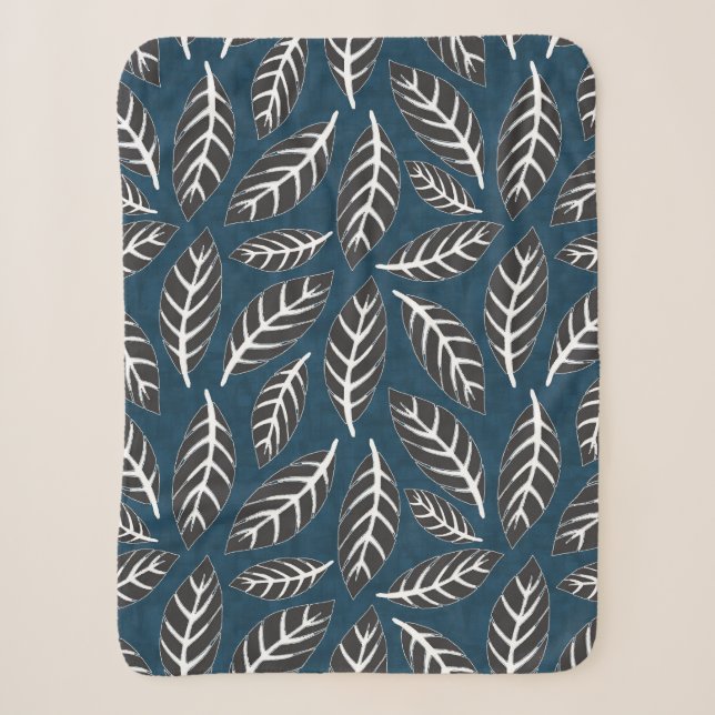Navy and gray abstract foliage sherpa blanket (Front)