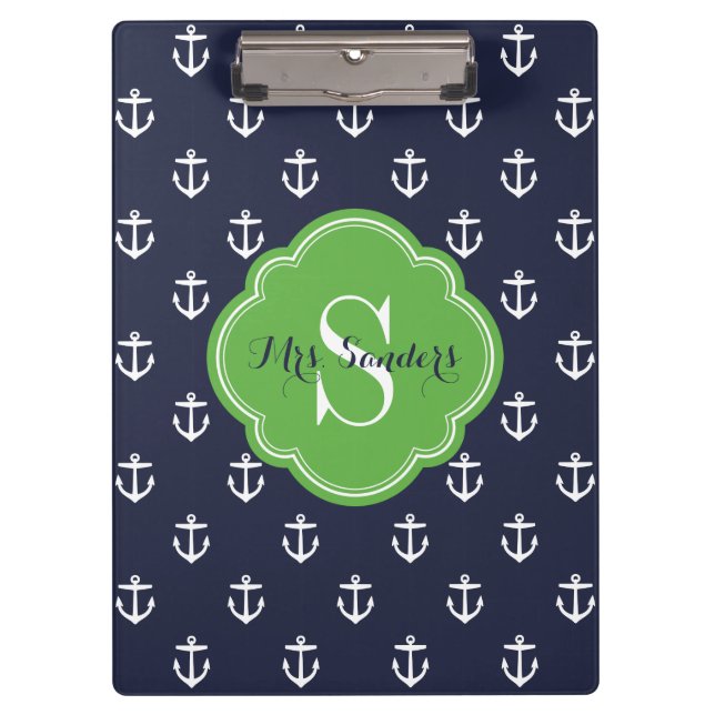 Navy and Green Anchors Custom Monogram Clipboard (Front)