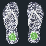 Navy and Green Floral Damask Monogram Thongs<br><div class="desc">Custom printed flip flop sandals with a stylish elegant floral damask pattern and your custom monogram or other text in a circle frame. Click Customise It to change text fonts and colours or add your own images to create a unique one of a kind design!</div>