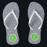 Navy and Green Greek Key Monogram Thongs<br><div class="desc">Custom printed flip flop sandals with a stylish modern Greek key pattern and your custom monogram or other text in a circle frame. Click Customise It to change text fonts and colours or add your own images to create a unique one of a kind design!</div>