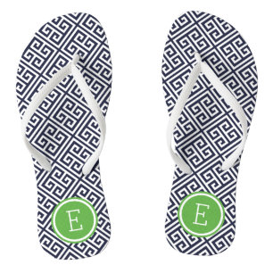 Navy and Green Greek Key Monogram Thongs