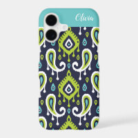 Navy and Green Ikat Paisley Monogram