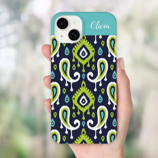 Navy and Green Ikat Paisley Monogram Case-Mate iPhone 14 Case