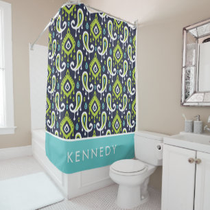 Navy and Green Ikat Paisley Monogram Shower Curtain
