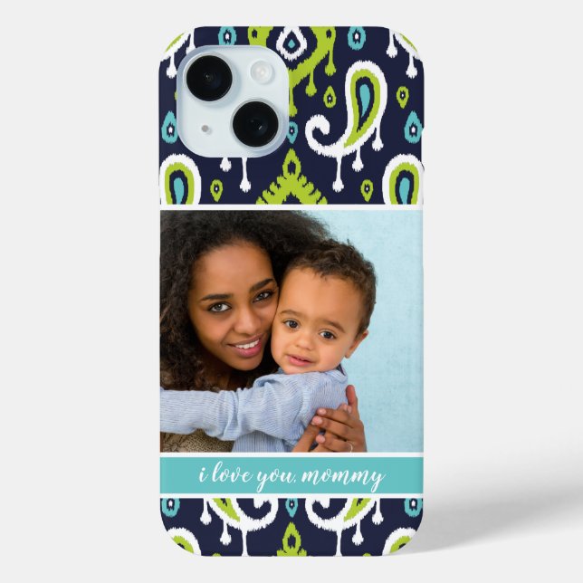 Navy and Green Ikat Paisley Mother's Day Photo Case-Mate iPhone Case (Back)