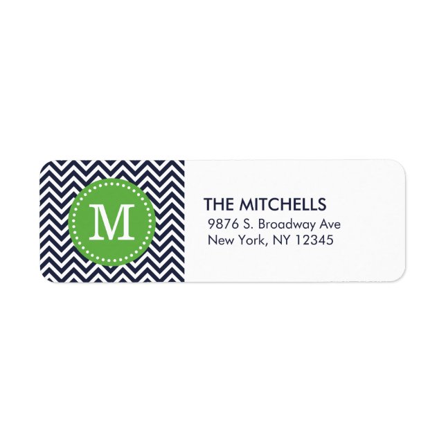 Navy and Green Modern Chevron Monogram Return Address Label (Front)