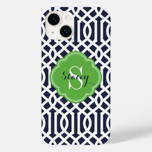 Navy and Green Modern Trellis Monogram Case-Mate iPhone 14 Case