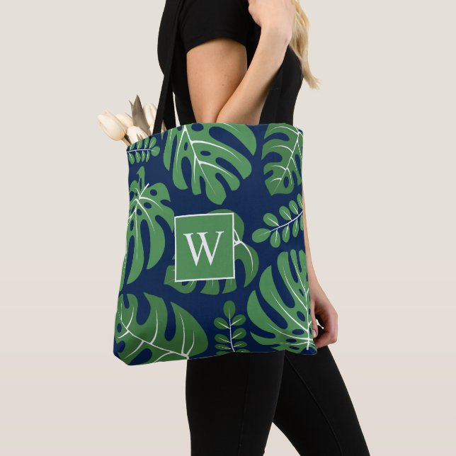 Navy and Green Monogrammed Monstera Leaves Tote Bag (Close Up)
