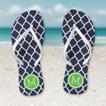 Navy and Green Moroccan Quatrefoil Monogram Thongs<br><div class="desc">Custom printed flip flop sandals with a stylish Moroccan quatrefoil pattern and your custom monogram or other text in a circle frame. Click Customise It to change text fonts and colours or add your own images to create a unique one of a kind design!</div>