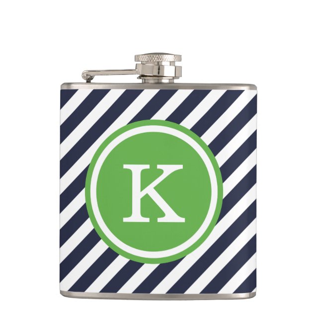 Navy and Green Nautical Stripes Monogram Hip Flask (Front)