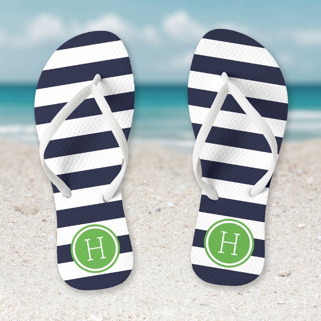 Navy and Green Preppy Stripes Monogram Thongs (Creator Uploaded)