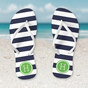 Navy and Green Preppy Stripes Monogram Thongs