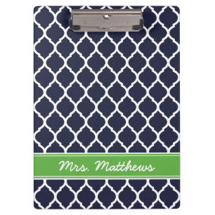 Navy and Green Quatrefoil Custom Monogram Clipboard