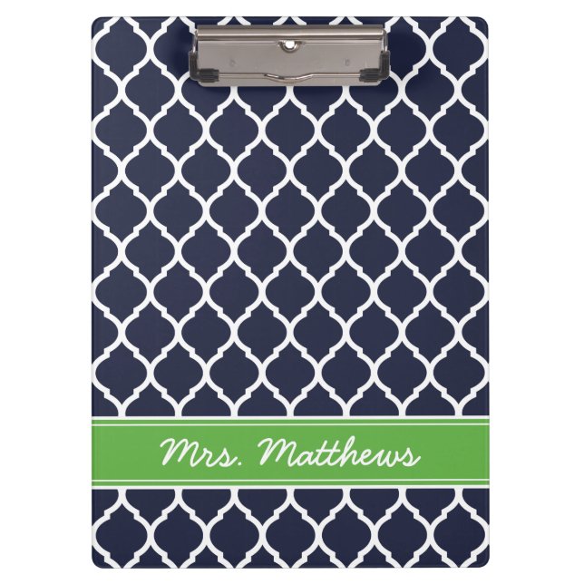 Navy and Green Quatrefoil Custom Monogram Clipboard (Front)