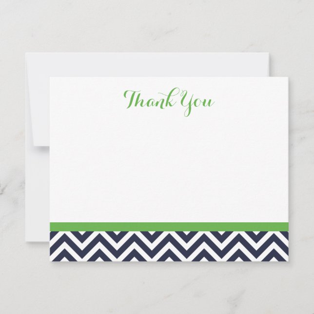 Navy and Green Simple Chevron Thank You Note Cards (Front)