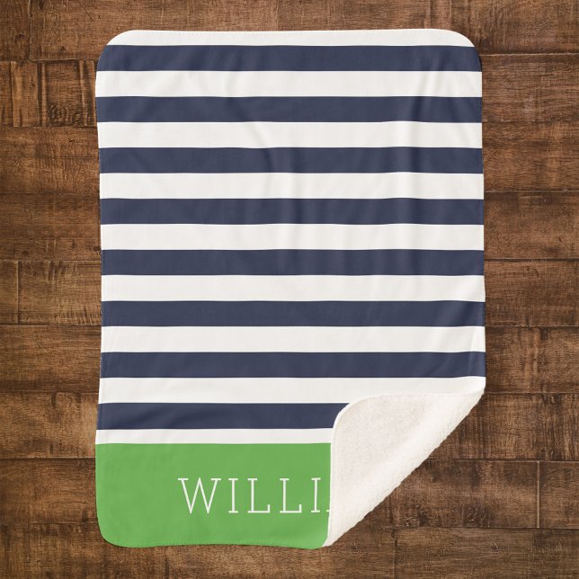 Navy and Green Stripes Monogram | Editable Colours Sherpa Blanket (Creator Uploaded)