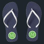 Navy and Green Tiny Dots Monogram Thongs<br><div class="desc">Custom printed flip flop sandals with a cute girly polka dot pattern and your custom monogram or other text in a circle frame. Click Customise It to change text fonts and colours or add your own images to create a unique one of a kind design!</div>