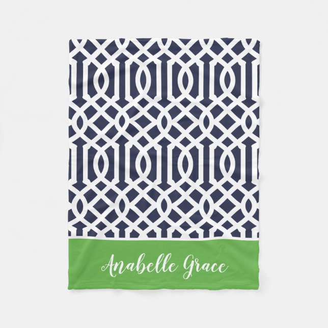Navy and Green Trellis Monogram | Editable Colours Fleece Blanket (Front)