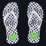 Navy and Green Trellis Monogram Thongs<br><div class="desc">Custom printed flip flop sandals with a stylish modern trellis pattern and your custom monogram or other text in a circle frame. Click Customise It to change text fonts and colours or add your own images to create a unique one of a kind design!</div>