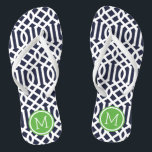 Navy and Green Trellis Monogram Thongs<br><div class="desc">Custom printed flip flop sandals with a stylish modern trellis pattern and your custom monogram or other text in a circle frame. Click Customise It to change text fonts and colours or add your own images to create a unique one of a kind design!</div>