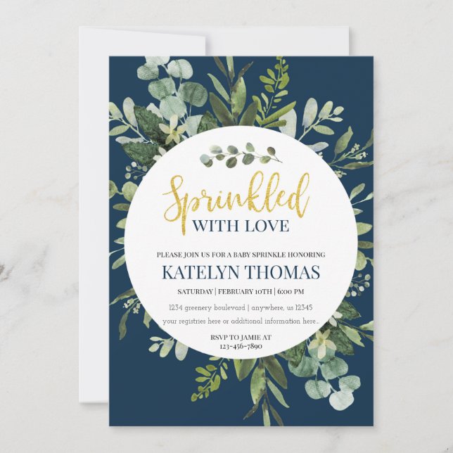 Navy and Greenery Wreath Baby Sprinkle Invitation (Front)