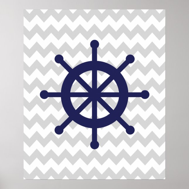 Navy and Grey Chevron Nautical Ship Wheel Poster (Front)