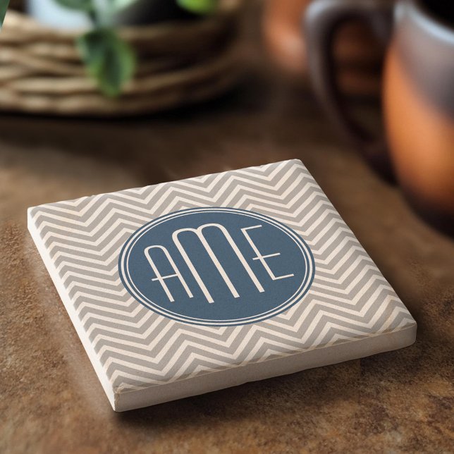 Navy and Grey Chevron Pattern Custom Monogram Stone Coaster (Custom Stone Coaster)