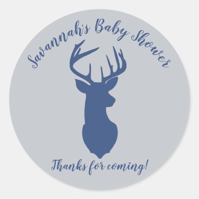Navy and Grey Deer Head Baby Shower Favour Sticker (Front)