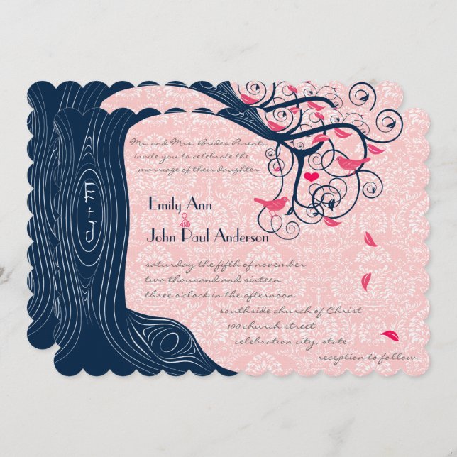 Navy and Honeysuckle Tree Swirl Wedding Invitation (Front/Back)