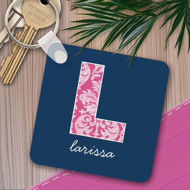 Navy and Hot Pink Damask Pattern Monogram Letter L Key Ring (Personalized keychain - add a monogram and name)