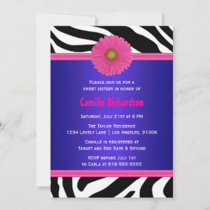 Navy and Hot Pink, Zebra Sweet Sixteen Invitation