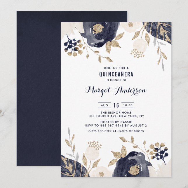 Navy and Ivory Flowers Gold Foil Quinceanera Invitation (Front/Back)