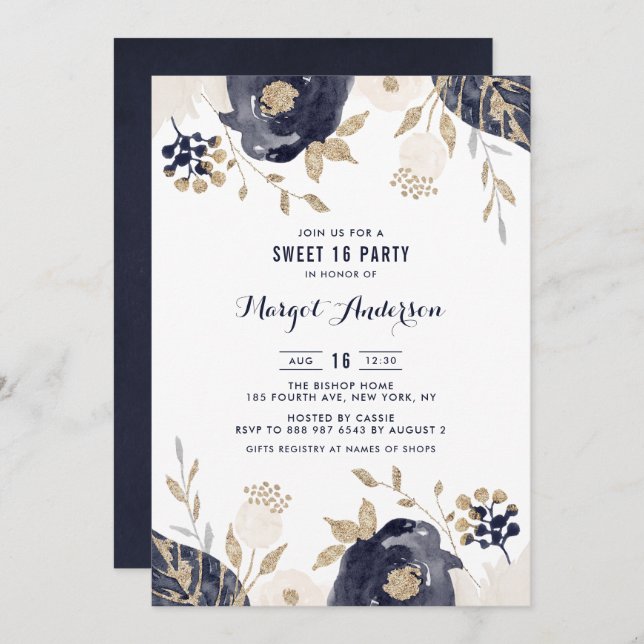Navy and Ivory Flowers Gold Foil Sweet Sixteen Invitation (Front/Back)