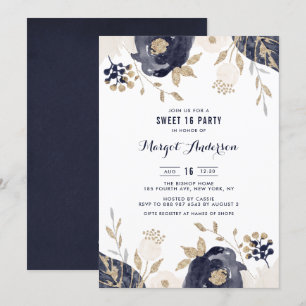 Navy and Ivory Flowers Gold Foil Sweet Sixteen Invitation
