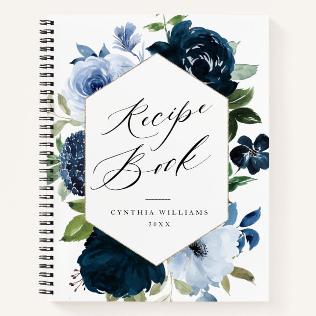 navy and light blue floral Recipe Book (Front)